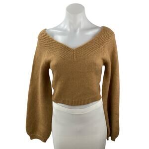 SAGE The Label Tan V Neck Long Balloon Sleeve Knit Cropped Sweater Top Size M